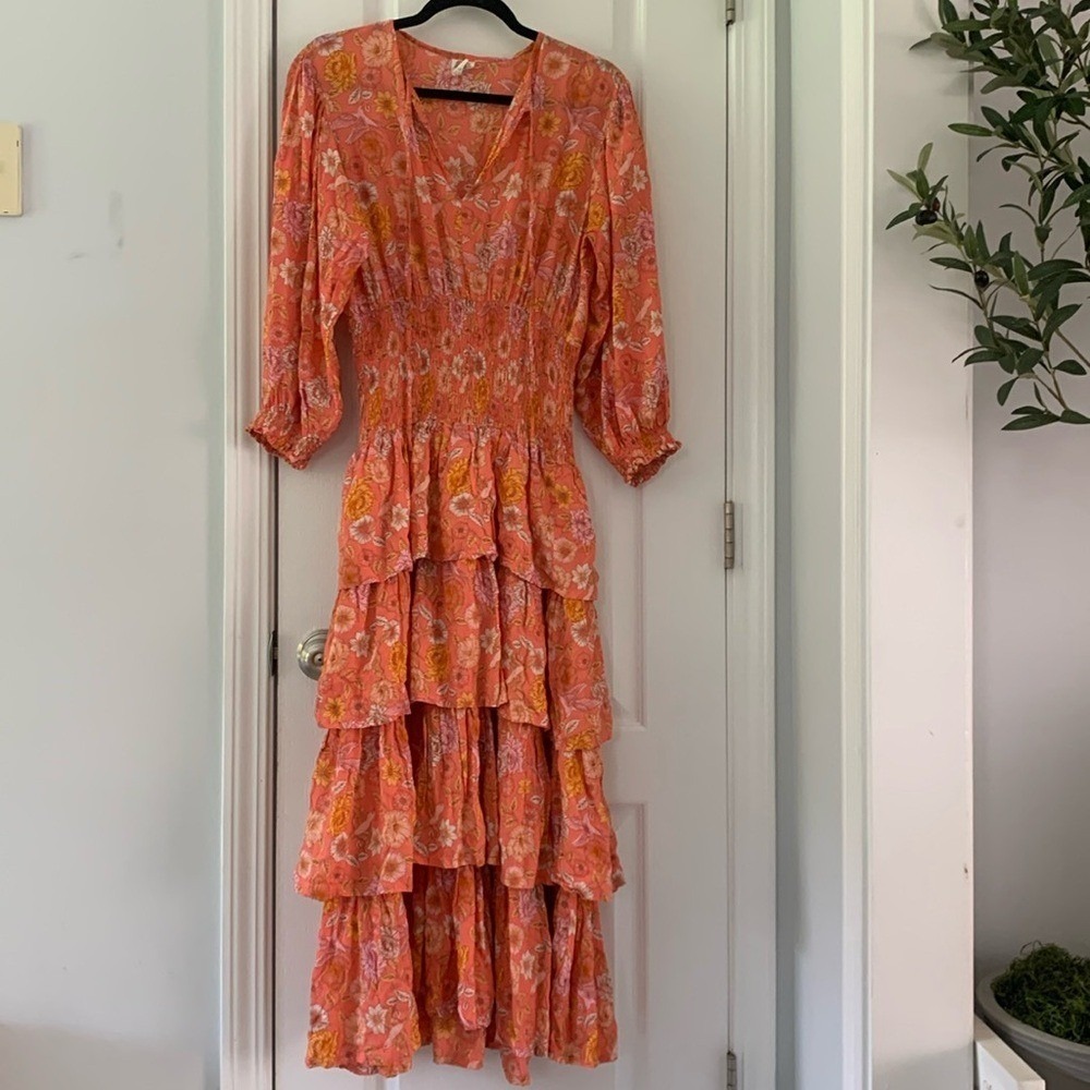 ELF Wrap Dress made by hand Size L birds Floral print ruffle smocked waist tie - Picture 2 of 16